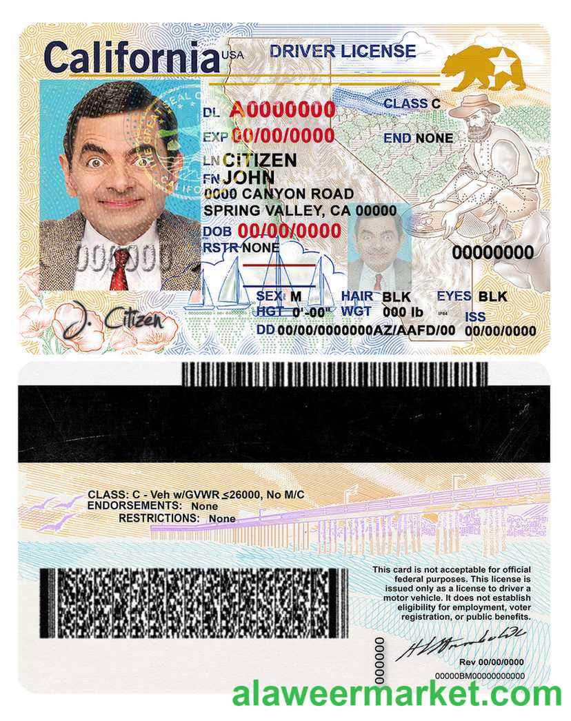 USA state California driving license template in PSD format (2018, January - present)